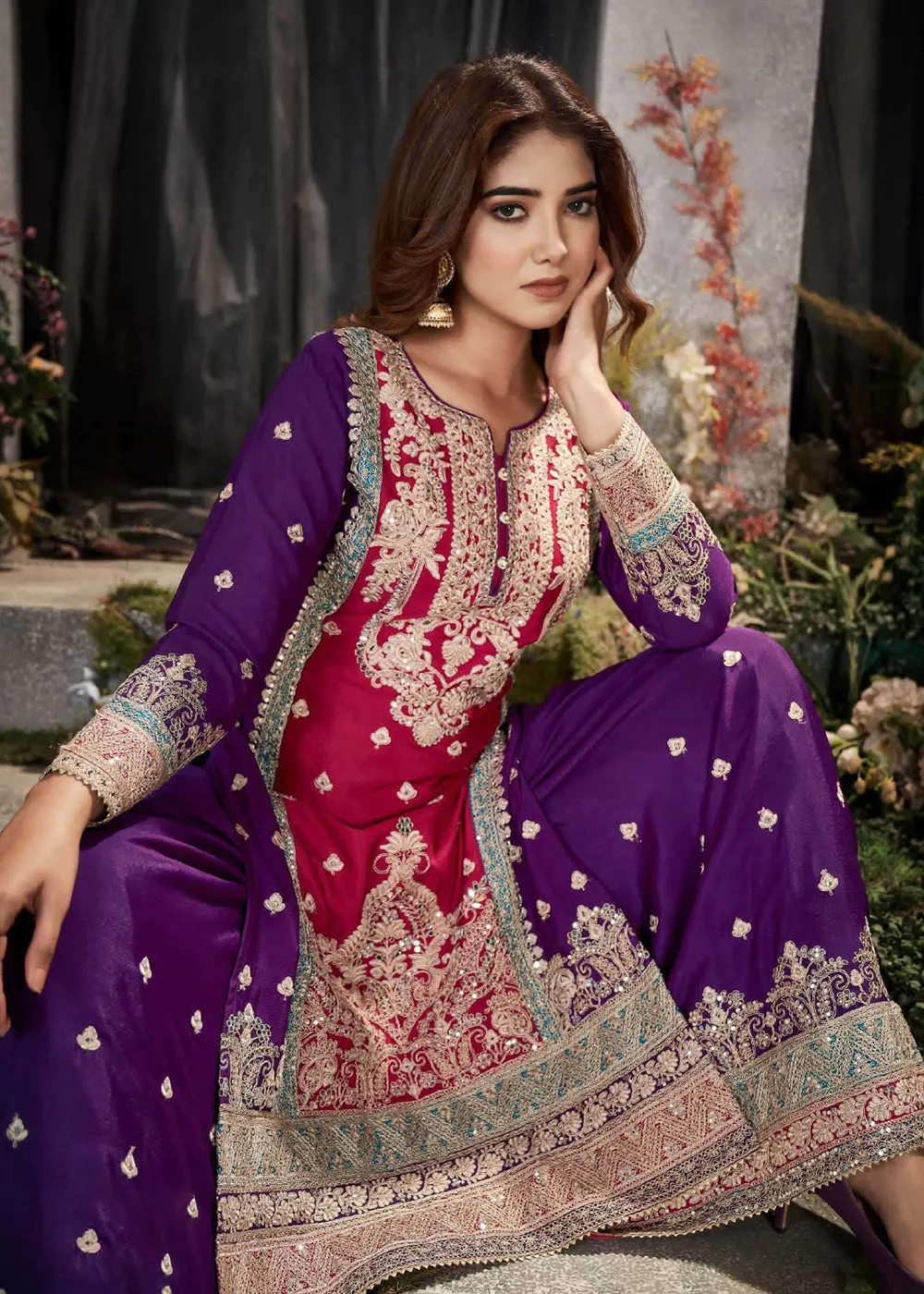 Pink Multicolor Mirror Embroidered Punjabi Style Palazzo Suit