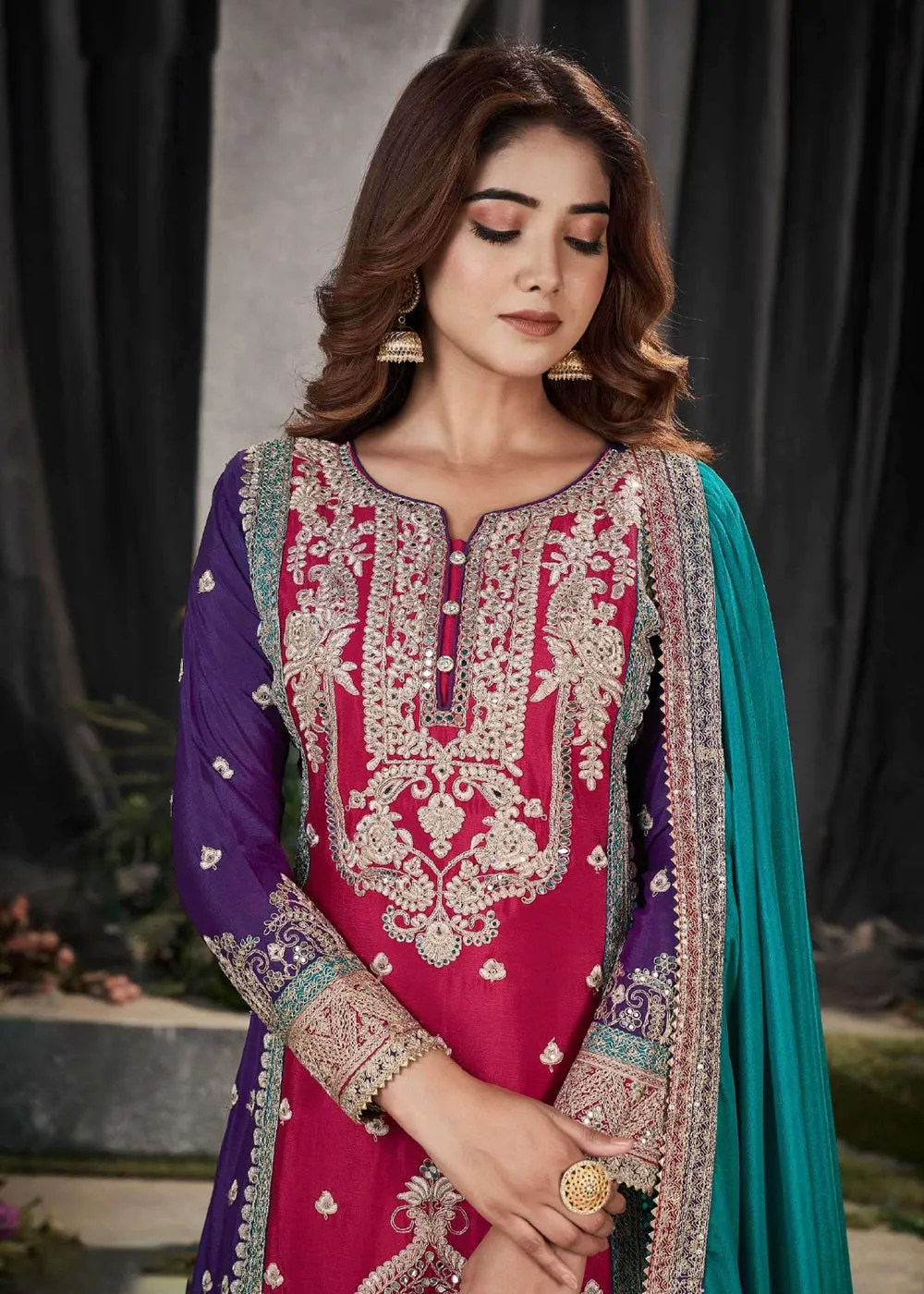 Pink Multicolor Mirror Embroidered Punjabi Style Palazzo Suit