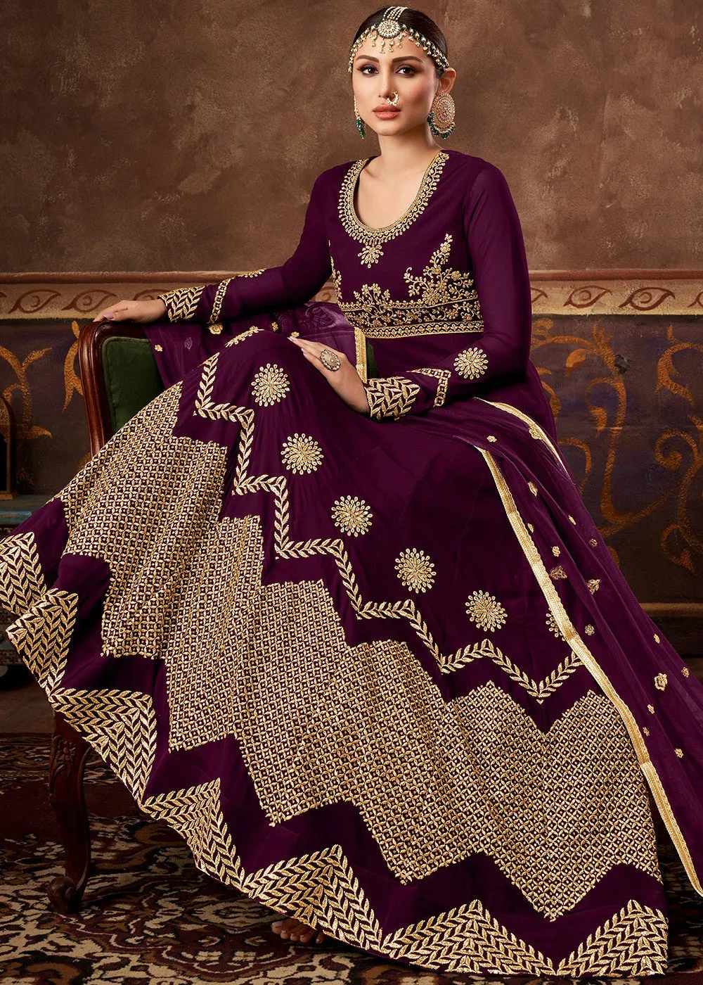 Plum Purple Ghera Detailed Embroidered Designer Anarkali