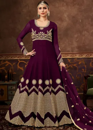 Plum Purple Ghera Detailed Embroidered Designer Anarkali