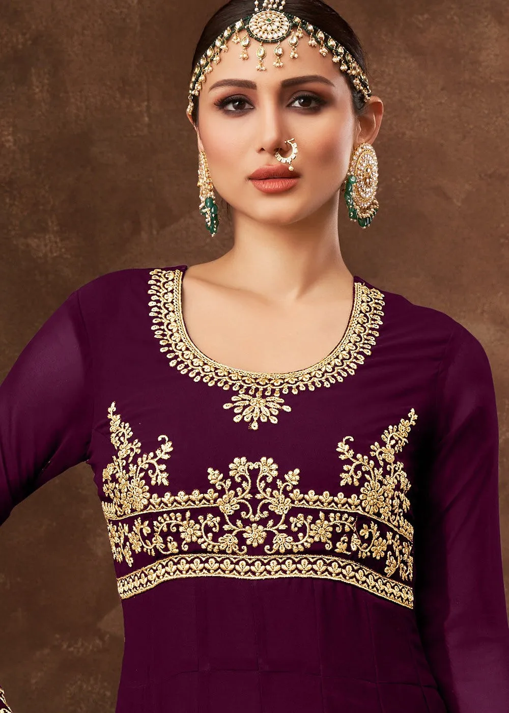 Plum Purple Ghera Detailed Embroidered Designer Anarkali