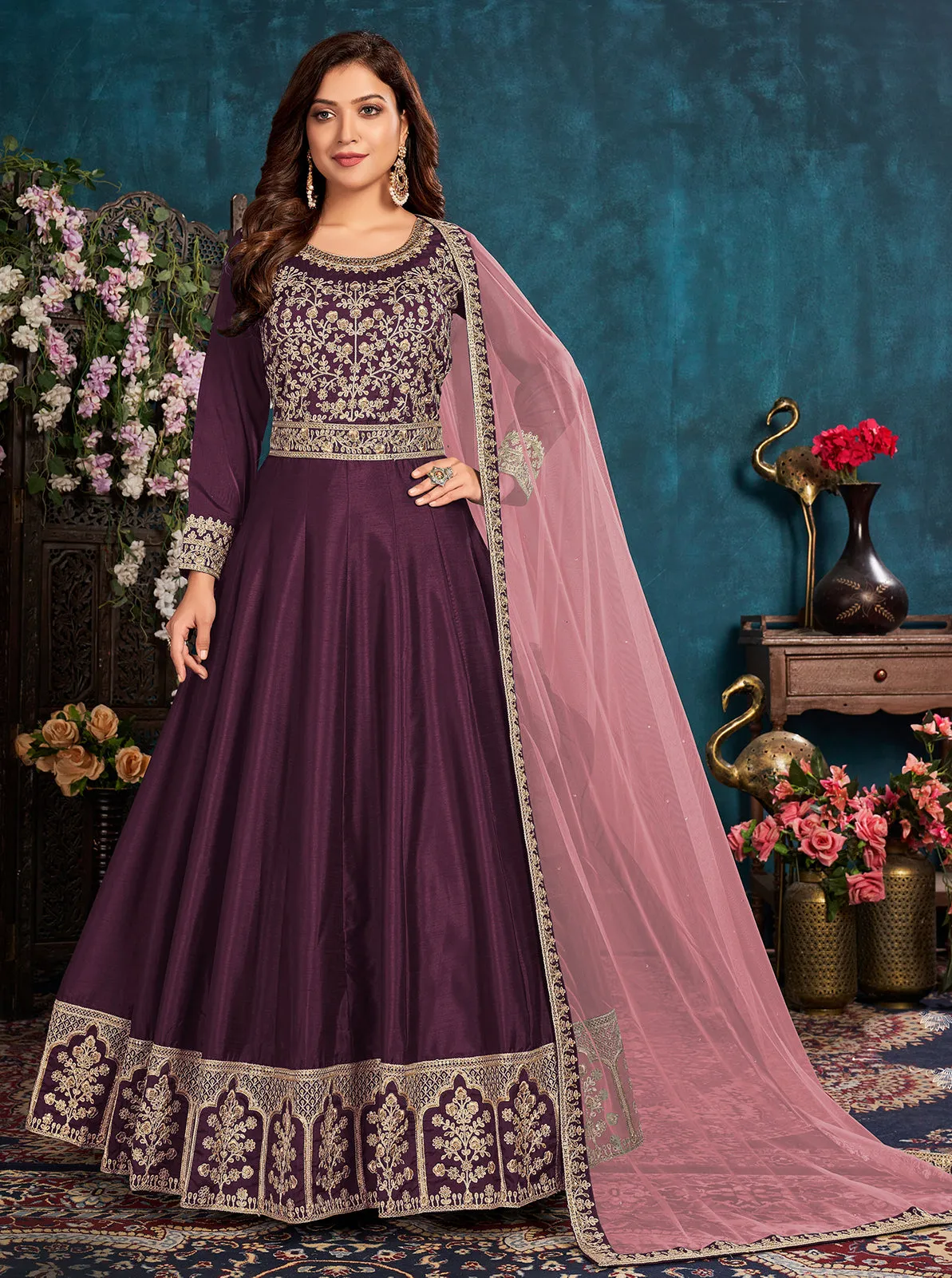 Plum Purple Wedding Art Silk Embroidered Anarkali Suit