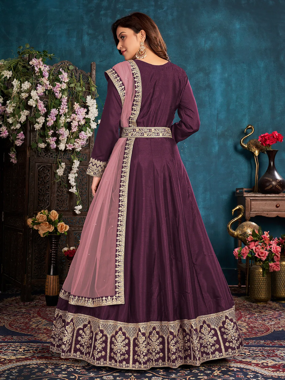 Plum Purple Wedding Art Silk Embroidered Anarkali Suit