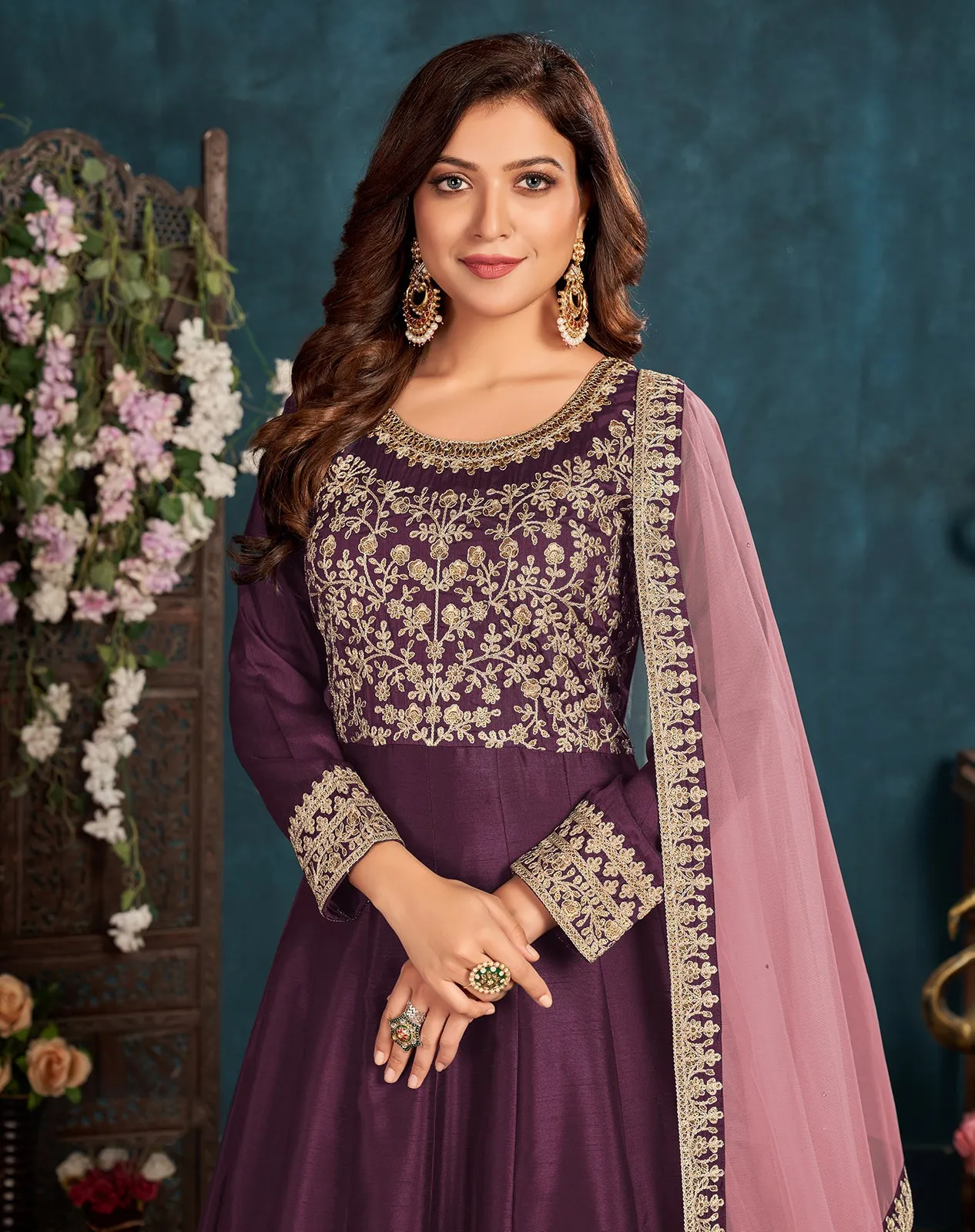 Plum Purple Wedding Art Silk Embroidered Anarkali Suit
