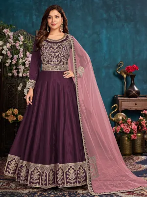 Plum Purple Wedding Art Silk Embroidered Anarkali Suit