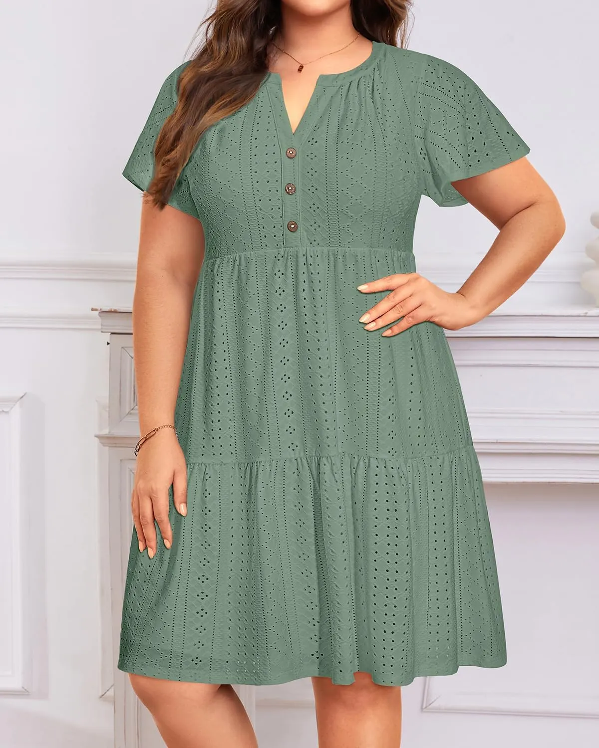 Plus Size Summer Dress - Casual Sundress Beach Short Sleeve V Neck Tiered Button Up Boho Midi Flowy Sun Dresses Women