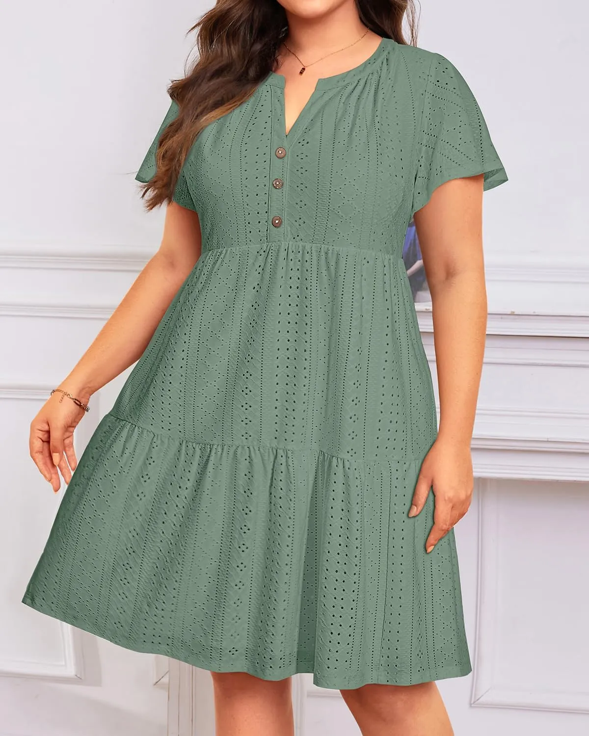 Plus Size Summer Dress - Casual Sundress Beach Short Sleeve V Neck Tiered Button Up Boho Midi Flowy Sun Dresses Women