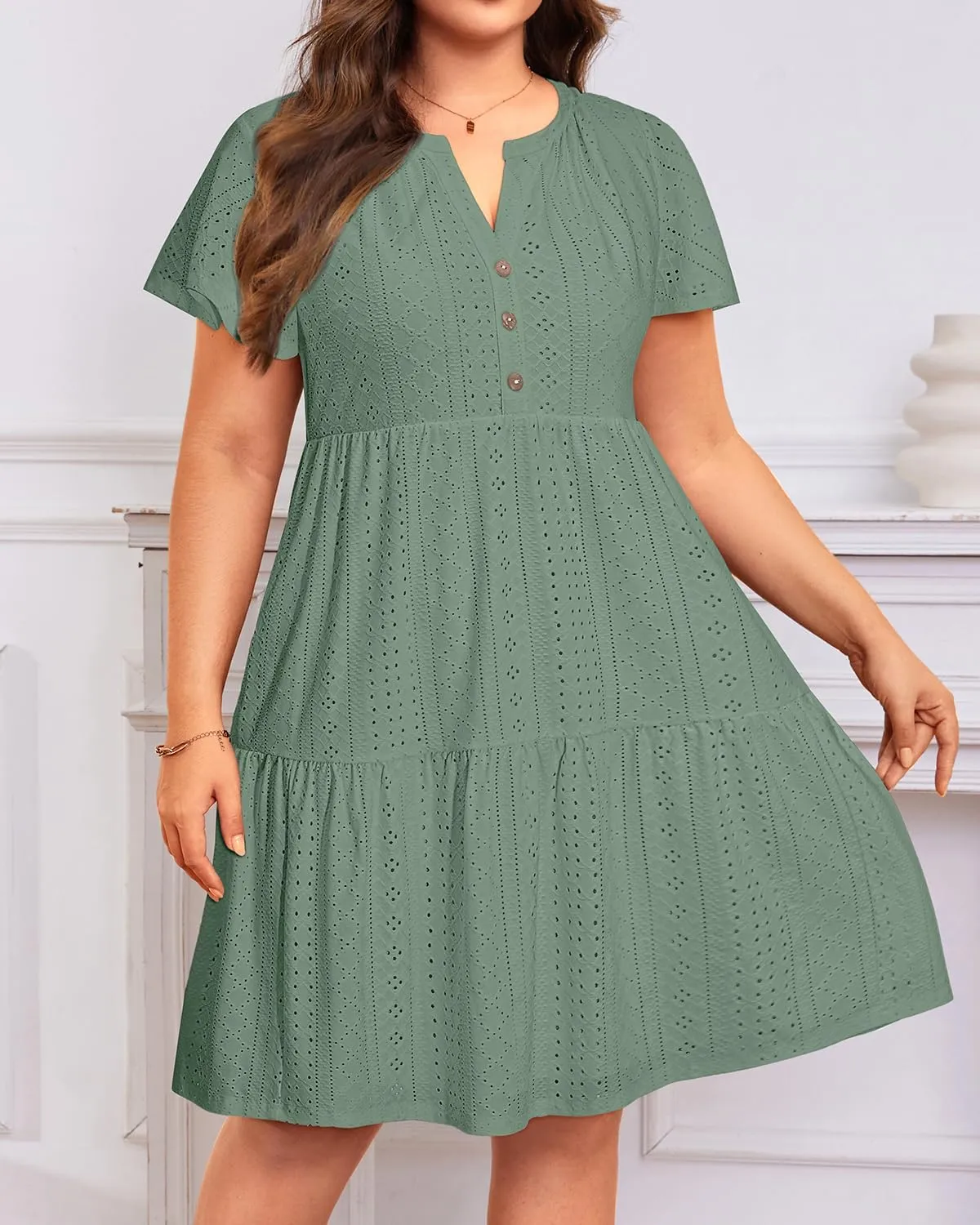 Plus Size Summer Dress - Casual Sundress Beach Short Sleeve V Neck Tiered Button Up Boho Midi Flowy Sun Dresses Women