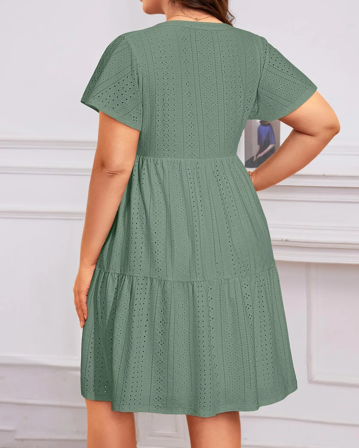 Plus Size Summer Dress - Casual Sundress Beach Short Sleeve V Neck Tiered Button Up Boho Midi Flowy Sun Dresses Women