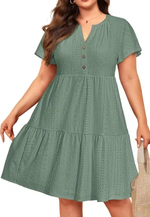 Plus Size Summer Dress - Casual Sundress Beach Short Sleeve V Neck Tiered Button Up Boho Midi Flowy Sun Dresses Women