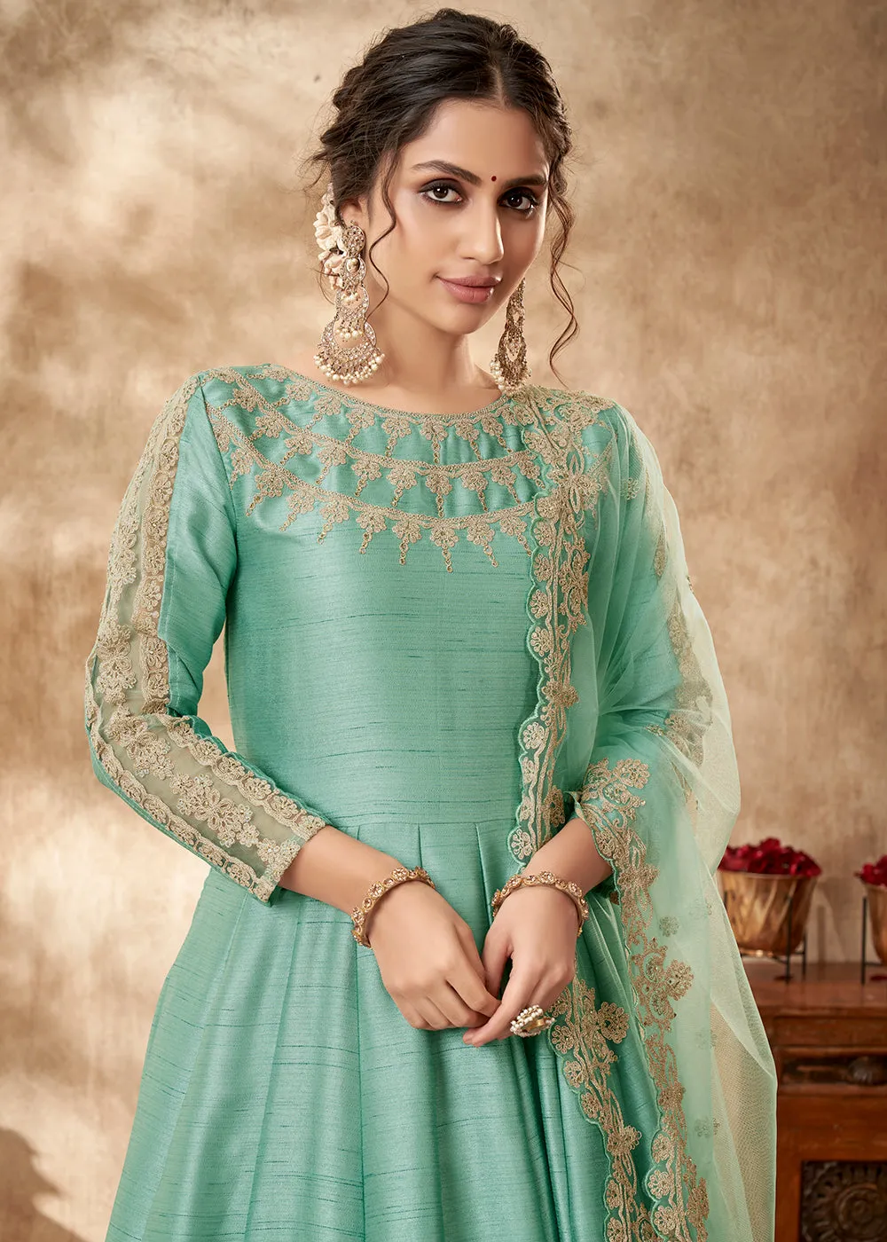 Pretty Sea Green Art Silk Zari Embroidered Festive Anarkali Gown