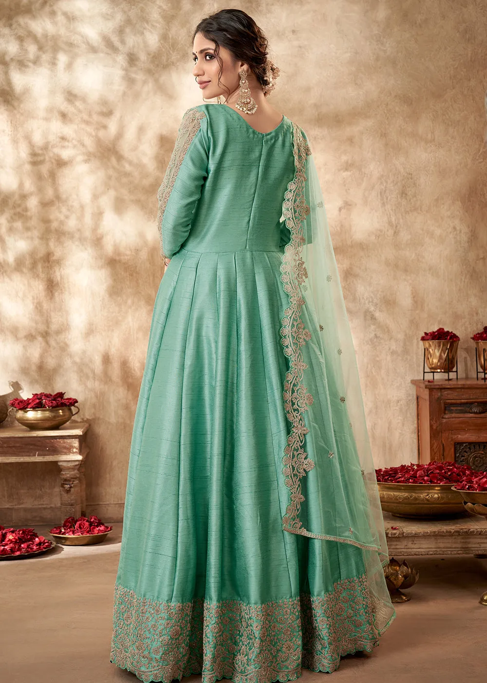 Pretty Sea Green Art Silk Zari Embroidered Festive Anarkali Gown