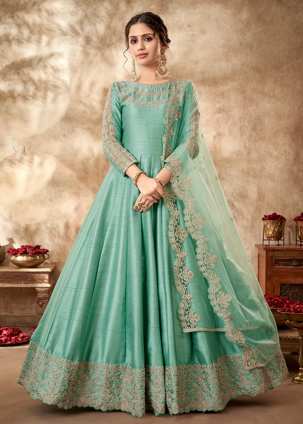 Pretty Sea Green Art Silk Zari Embroidered Festive Anarkali Gown