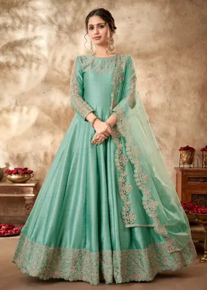 Pretty Sea Green Art Silk Zari Embroidered Festive Anarkali Gown