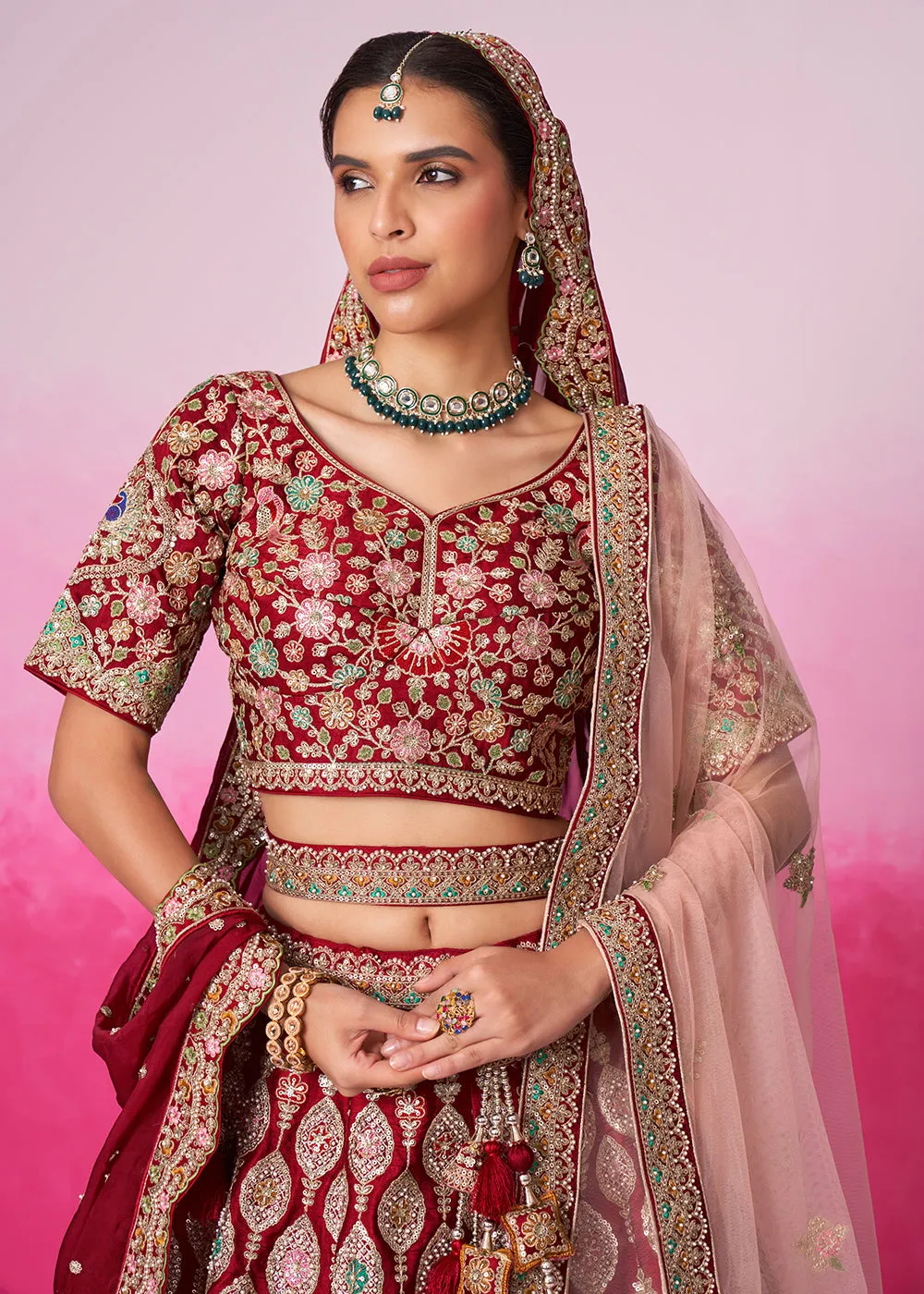 Pure Silk Embroidered Red Designer Bridal Lehenga Choli