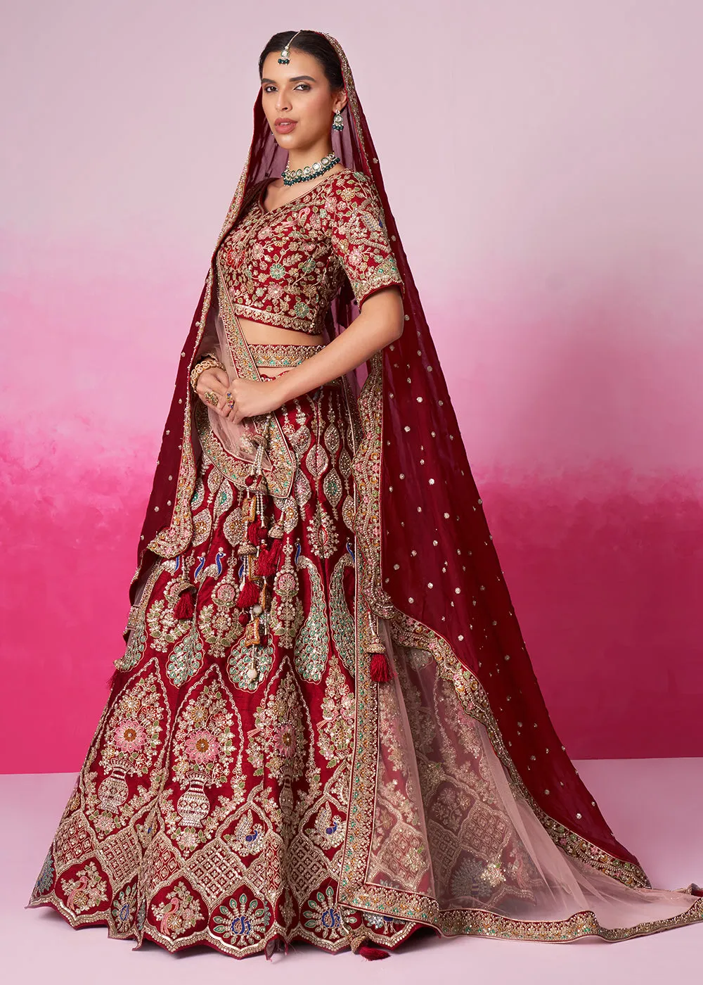 Pure Silk Embroidered Red Designer Bridal Lehenga Choli