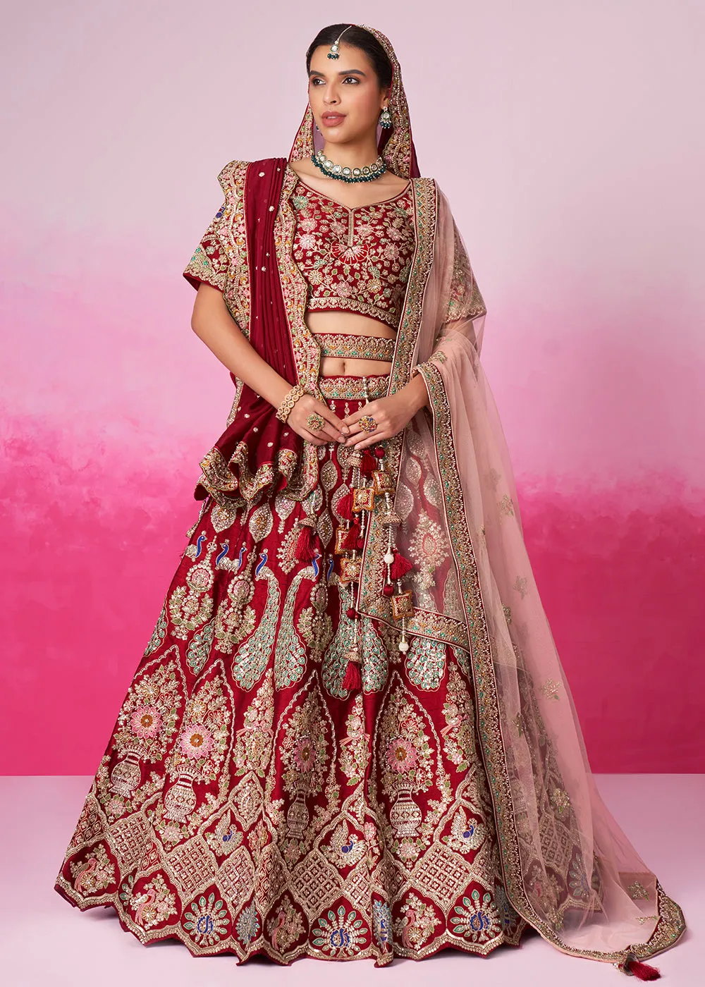 Pure Silk Embroidered Red Designer Bridal Lehenga Choli