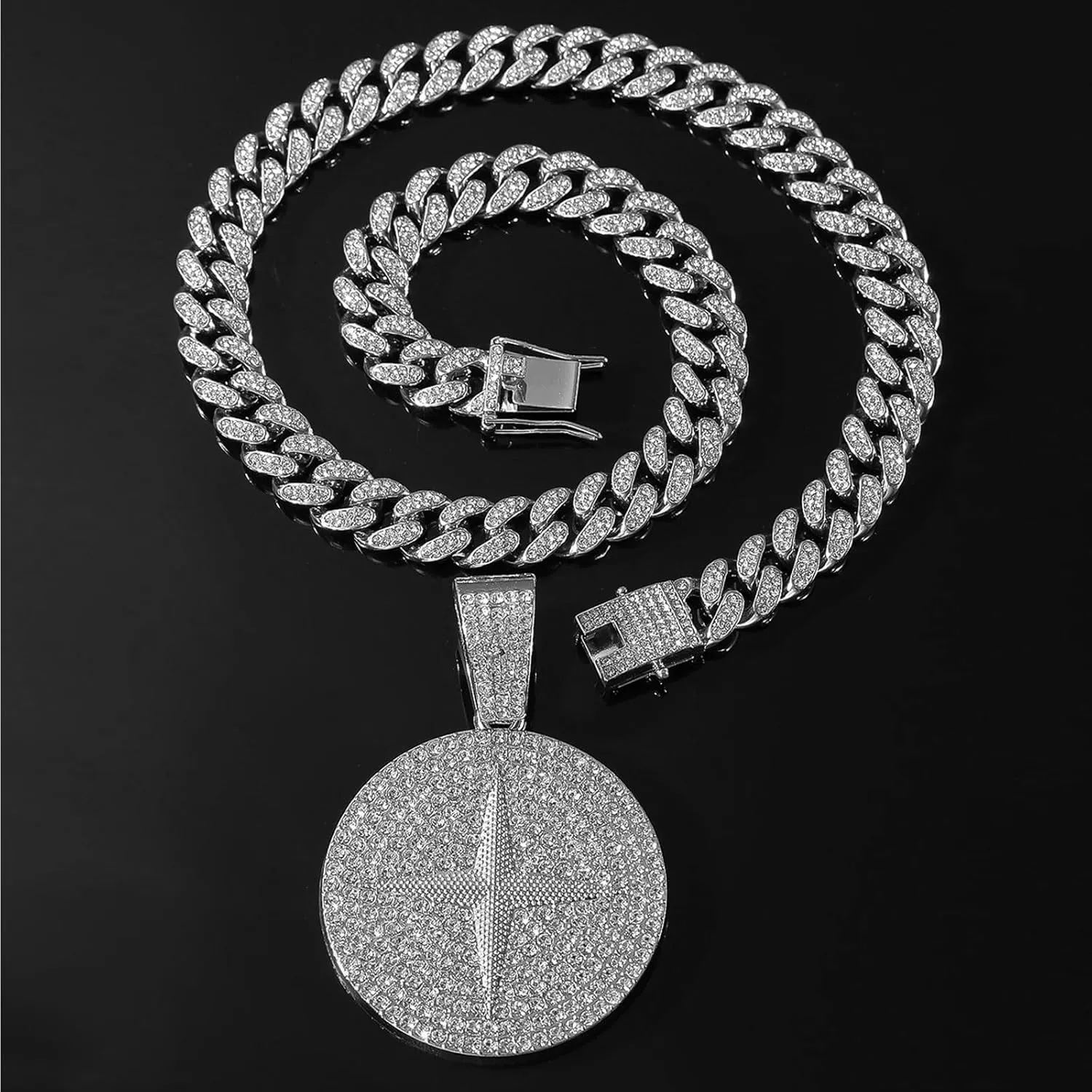 Round star Hip-hop Cuban Chain, Rhinestone Pendant Necklace Jewelry For Men??Men's Fashion Jewelry