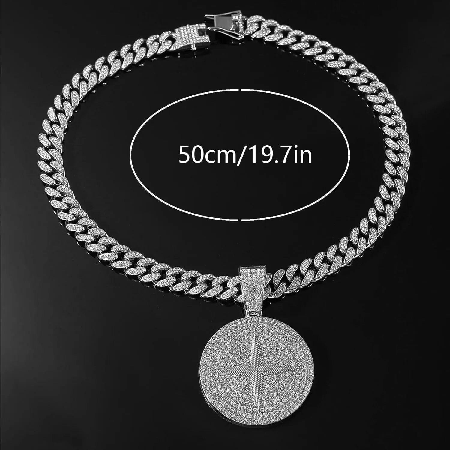Round star Hip-hop Cuban Chain, Rhinestone Pendant Necklace Jewelry For Men??Men's Fashion Jewelry