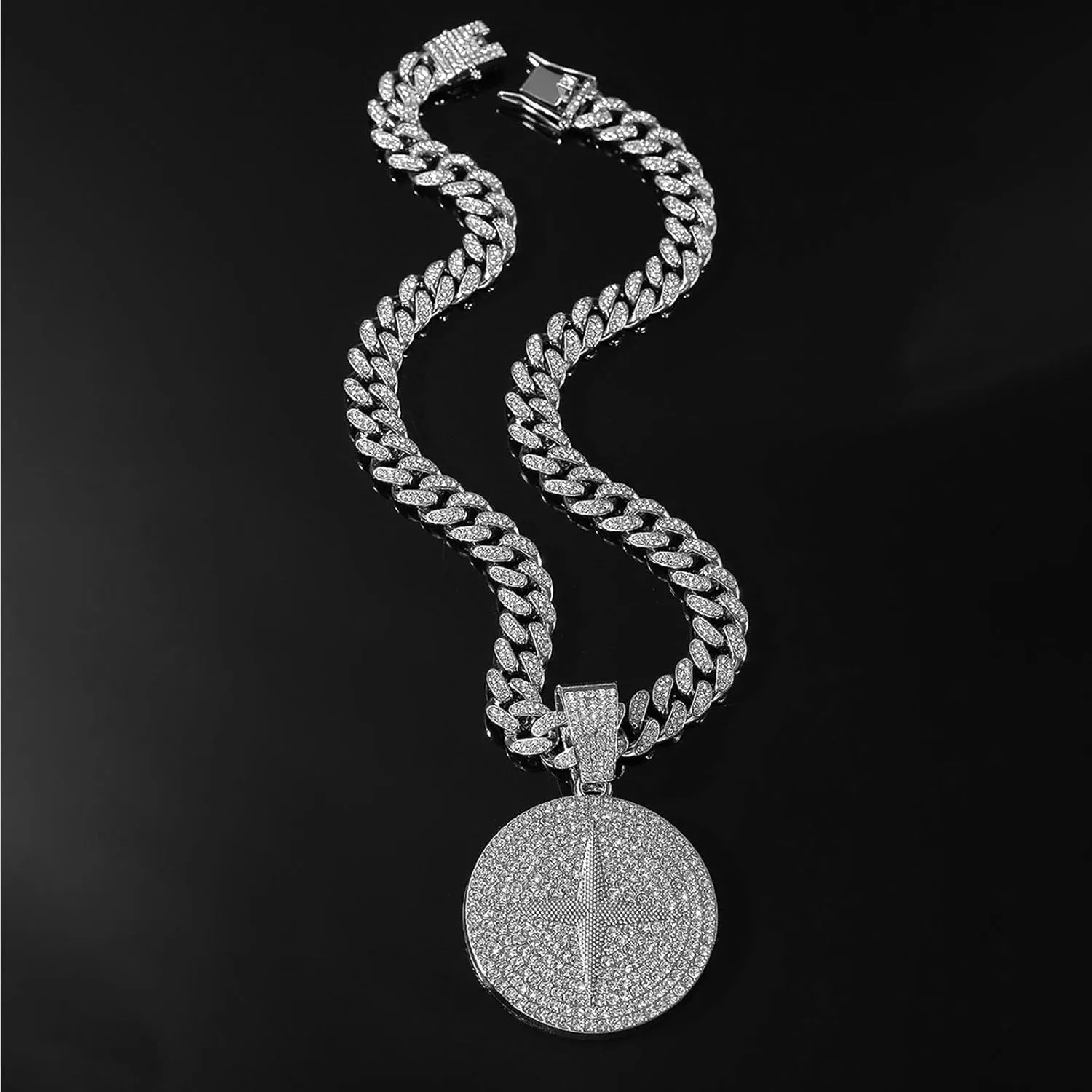 Round star Hip-hop Cuban Chain, Rhinestone Pendant Necklace Jewelry For Men??Men's Fashion Jewelry