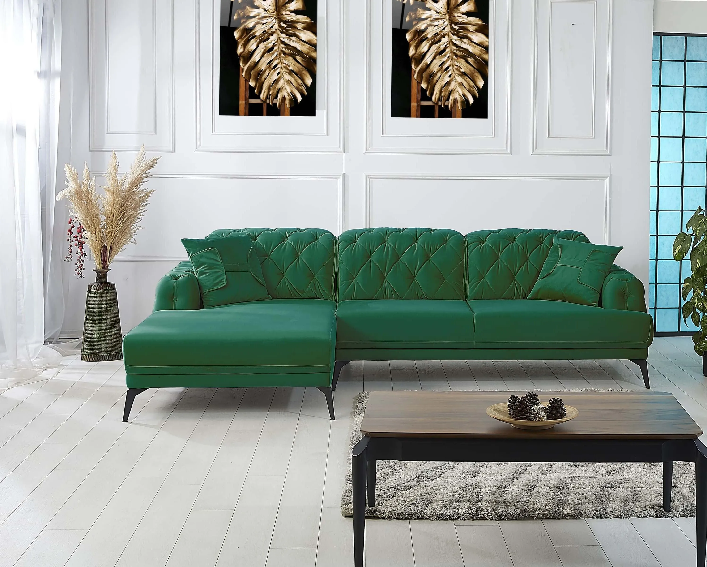 Rubeza Piera Left Hand Facing Chaise End Corner Sofa - Super Emerald Green