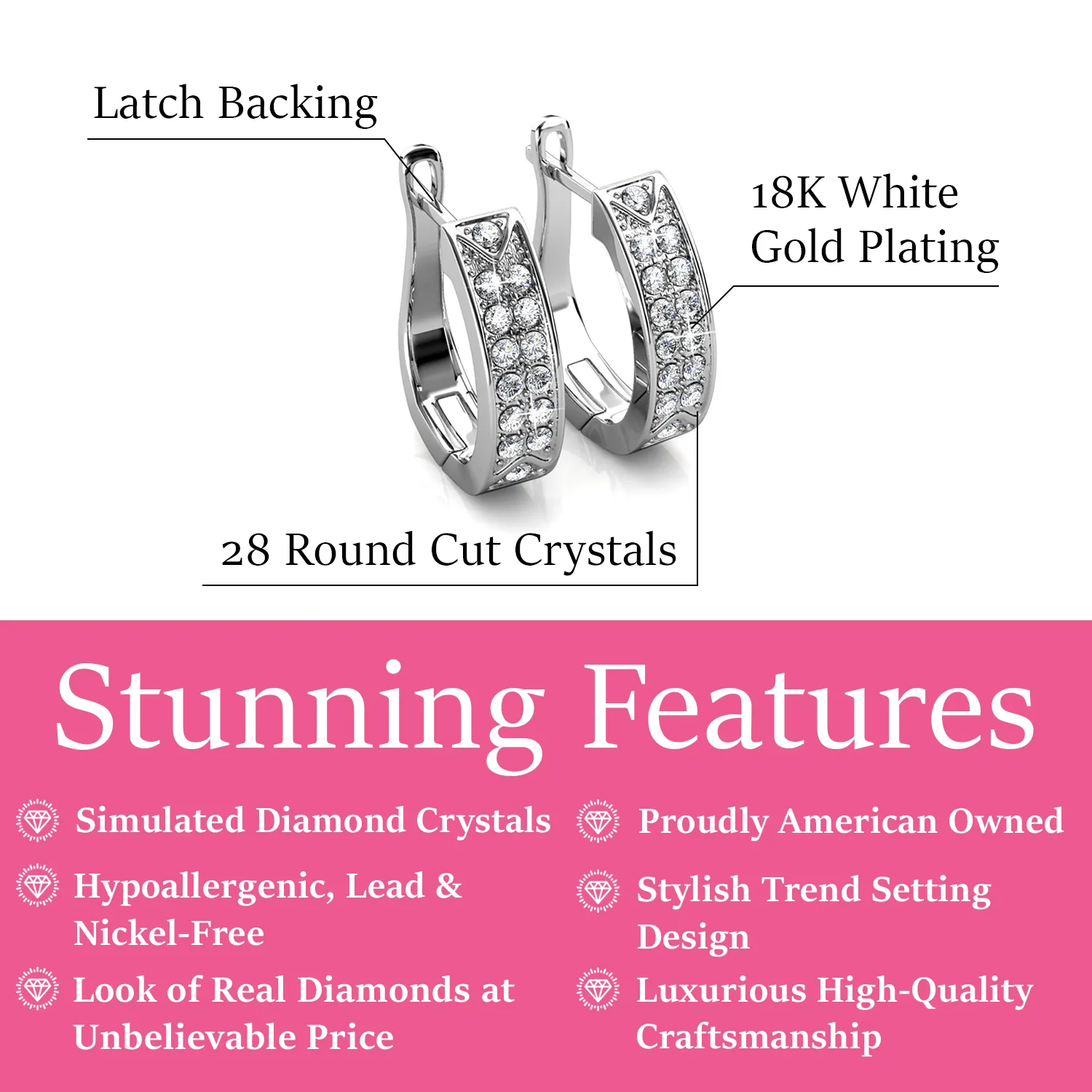 Sawyer 18k White Gold Plated Crystal Hoop Earrings for Women