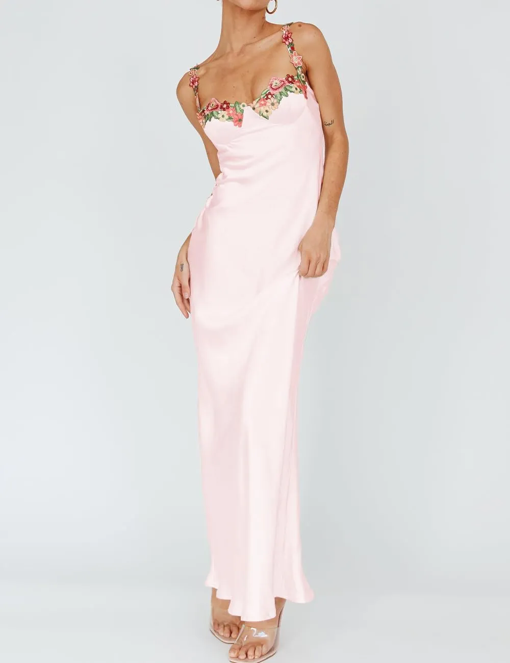 Sexy Satin Spaghetti Strap Floral Embroidered Maxi Dress for Women Sweetheart Neckline Backless Sleeveless Slit Midi Dress