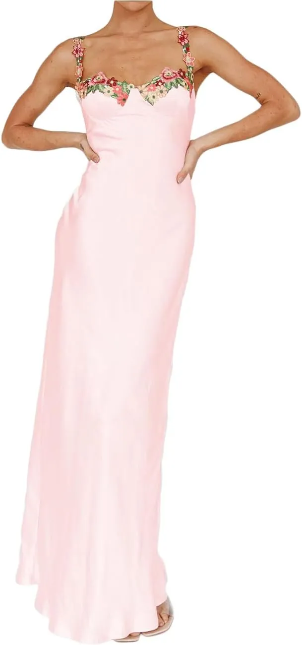 Sexy Satin Spaghetti Strap Floral Embroidered Maxi Dress for Women Sweetheart Neckline Backless Sleeveless Slit Midi Dress