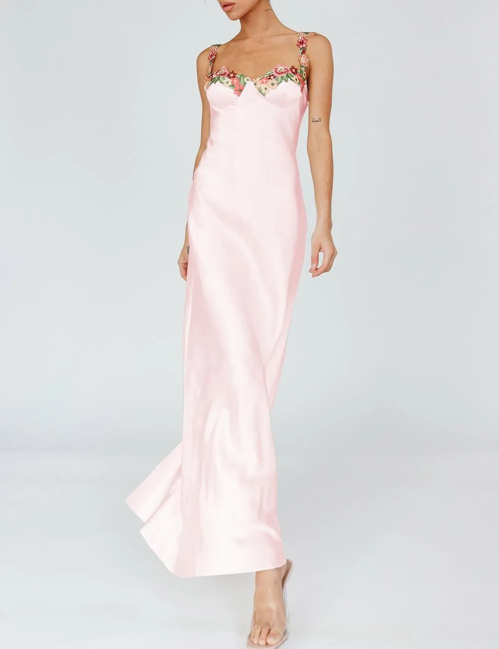 Sexy Satin Spaghetti Strap Floral Embroidered Maxi Dress for Women Sweetheart Neckline Backless Sleeveless Slit Midi Dress