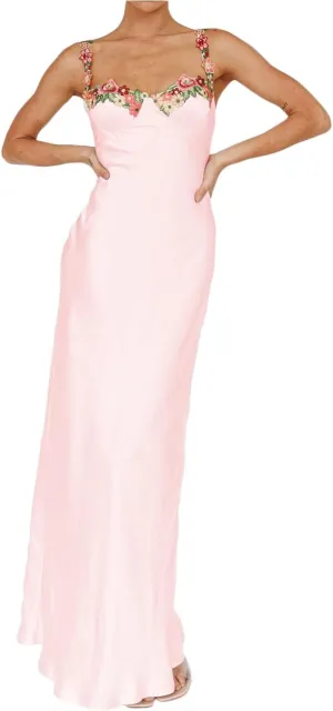 Sexy Satin Spaghetti Strap Floral Embroidered Maxi Dress for Women Sweetheart Neckline Backless Sleeveless Slit Midi Dress