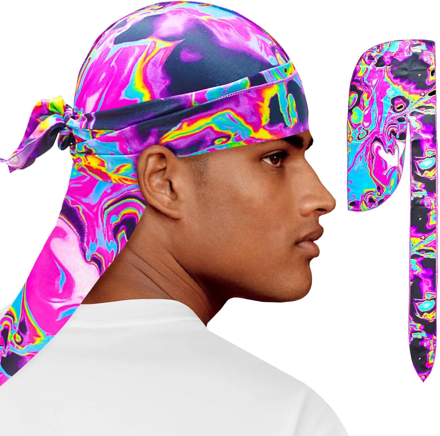 Silk Durag for Men Women, Printed Do Rag with Long Tail Durag Hip Hop Satin Bandana Hat Satin 360