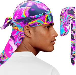 Silk Durag for Men Women, Printed Do Rag with Long Tail Durag Hip Hop Satin Bandana Hat Satin 360