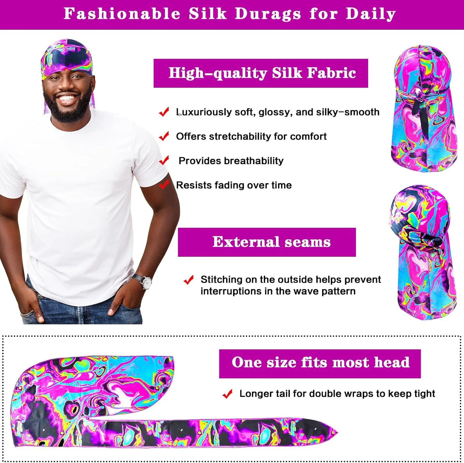 Silk Durag for Men Women, Printed Do Rag with Long Tail Durag Hip Hop Satin Bandana Hat Satin 360