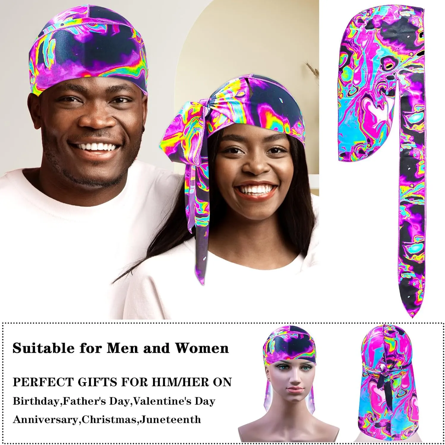 Silk Durag for Men Women, Printed Do Rag with Long Tail Durag Hip Hop Satin Bandana Hat Satin 360