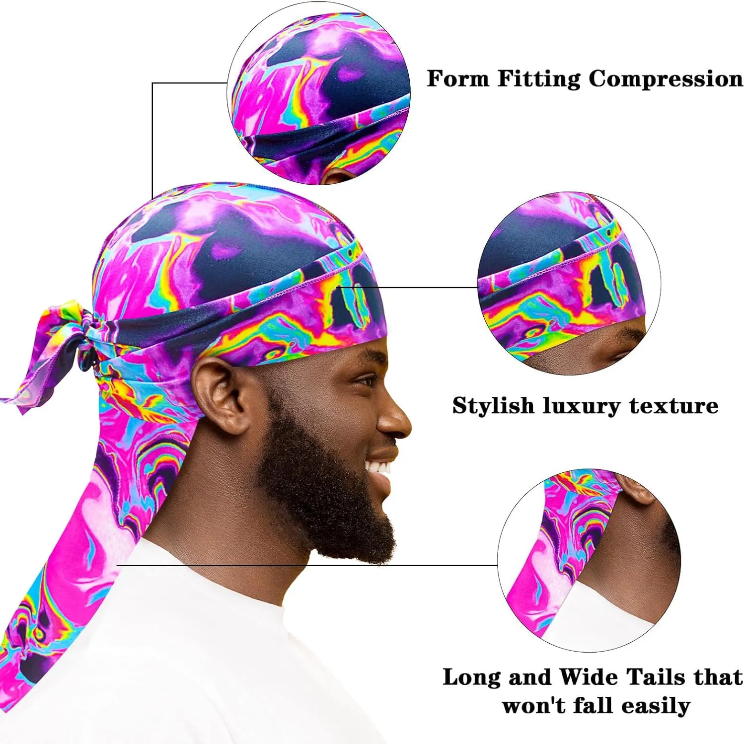 Silk Durag for Men Women, Printed Do Rag with Long Tail Durag Hip Hop Satin Bandana Hat Satin 360