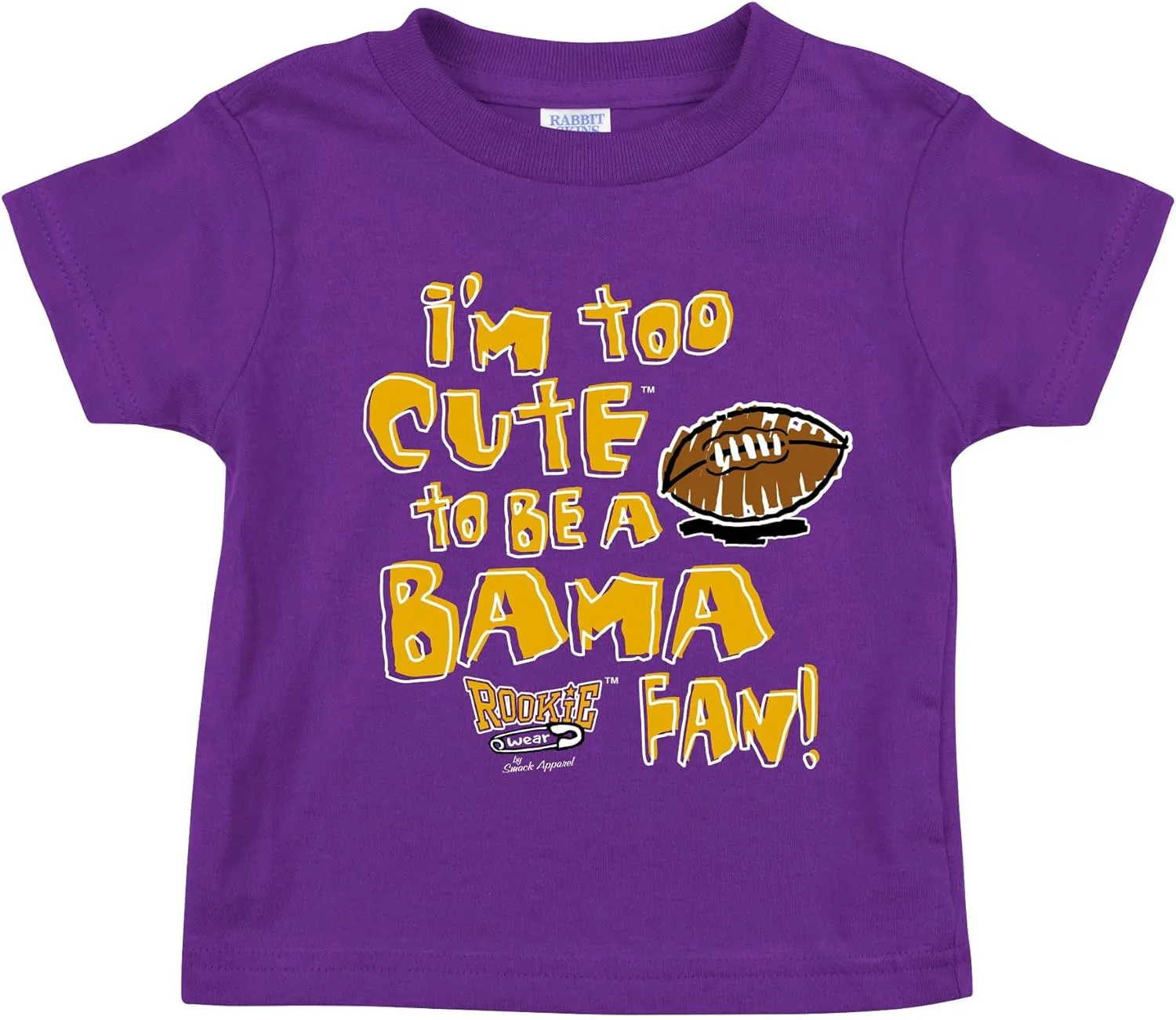 Smack Apparel LSU Football Fans. I'm Too Cute to be a Bama Fan. Purple Onesie or Toddler Tee (NB-7T)