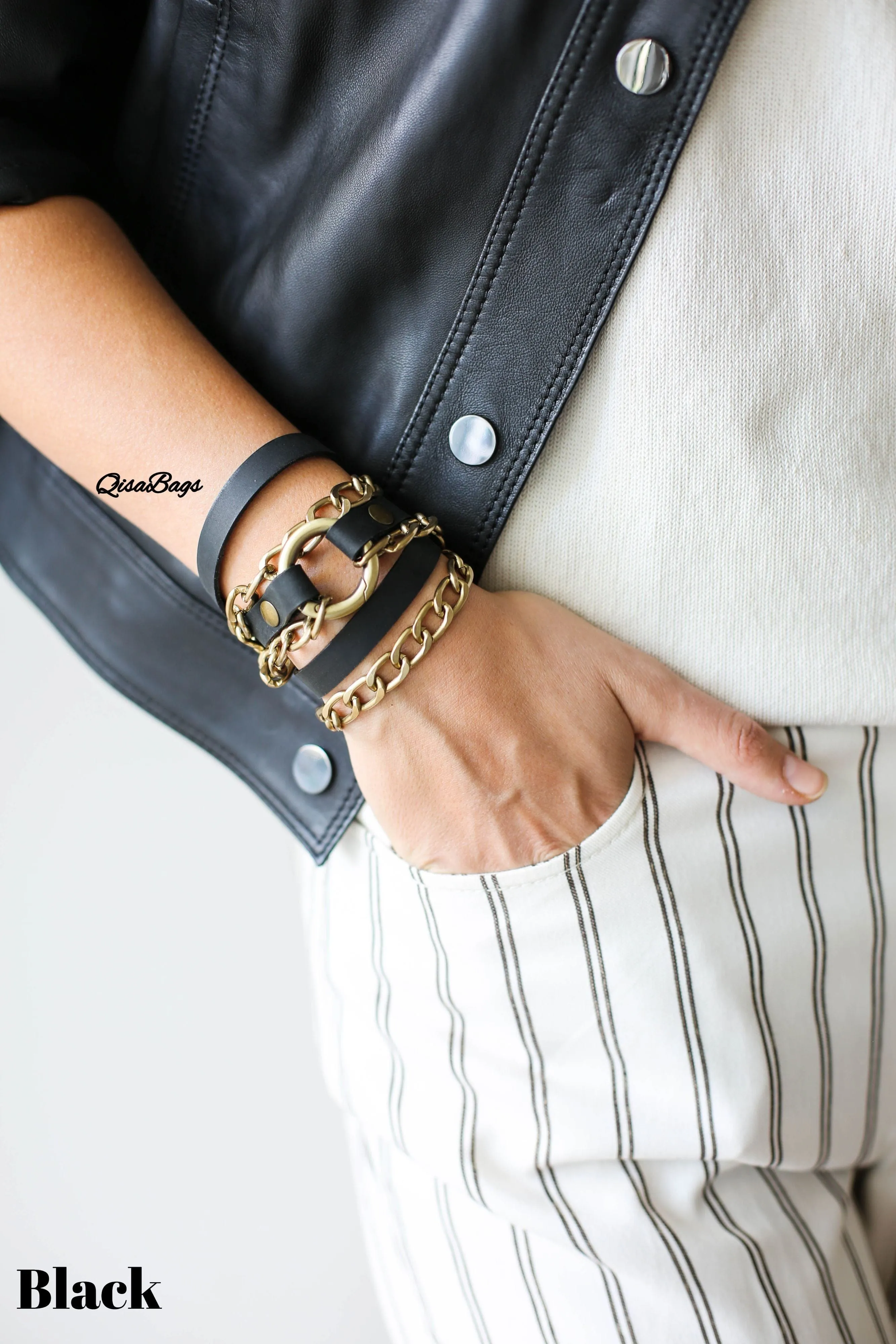 Small Ring Leather Bracelets with Chain - All colors