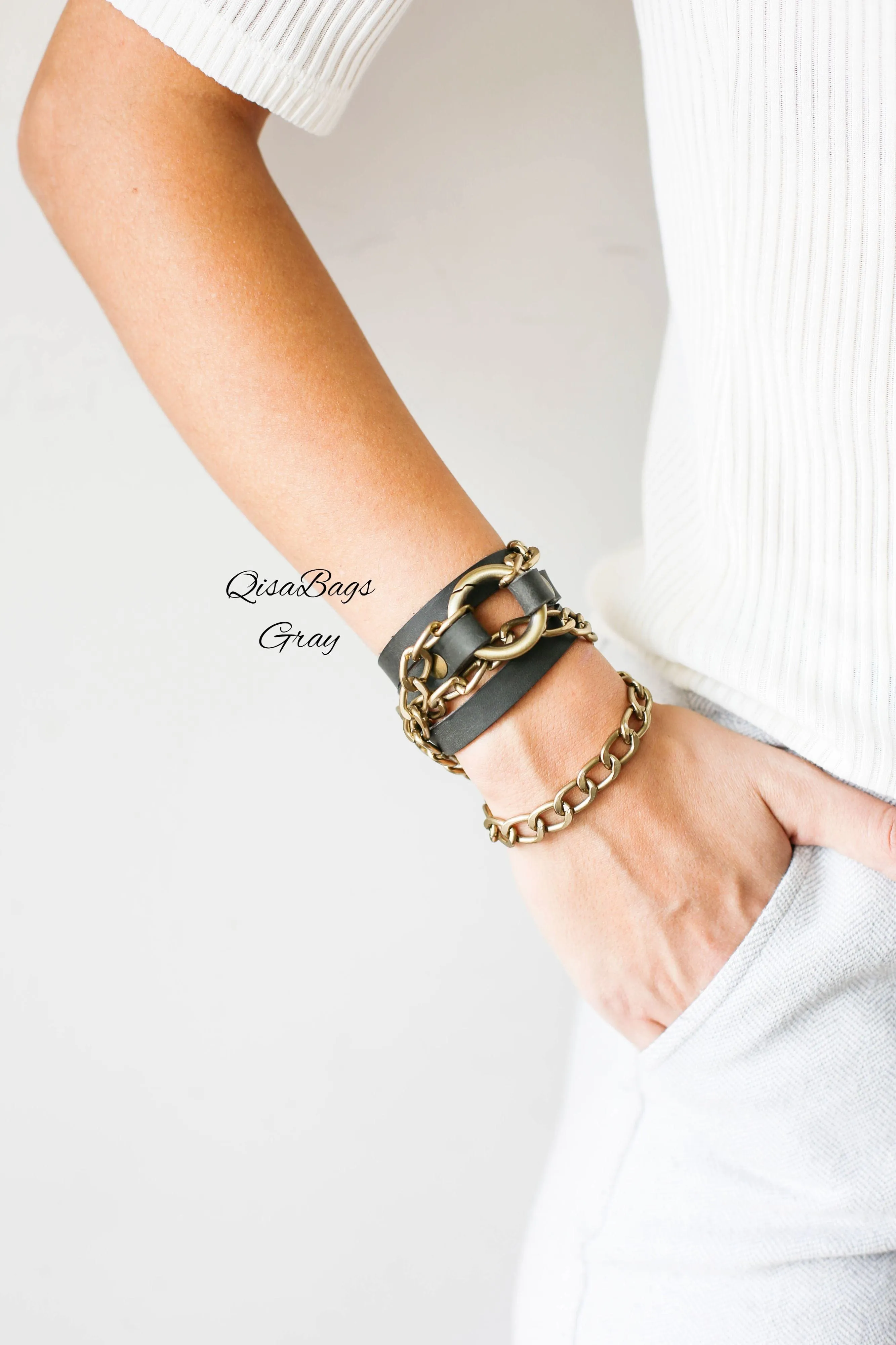 Small Ring Leather Bracelets with Chain - All colors