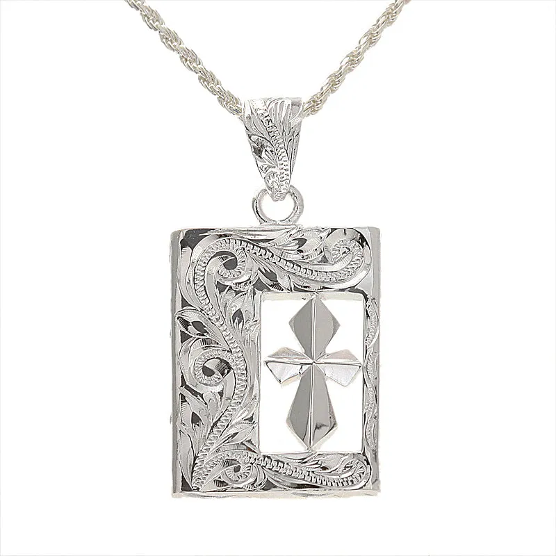 Sterling Silver Hawaiian Scroll Cross in Plate Pendant (Chain Sold Separately)