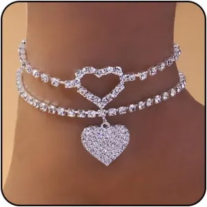 Stretch Ankle Bracelets for Women Waterproof Beaded Anklets for Women Large Ankle Elastic Cross Starfish Seashell Star Heart Anklets for Women Boho Beach Anklets Plus Size Ankle Bracelet Summer Jewelry (Style I _ diamond double heart)