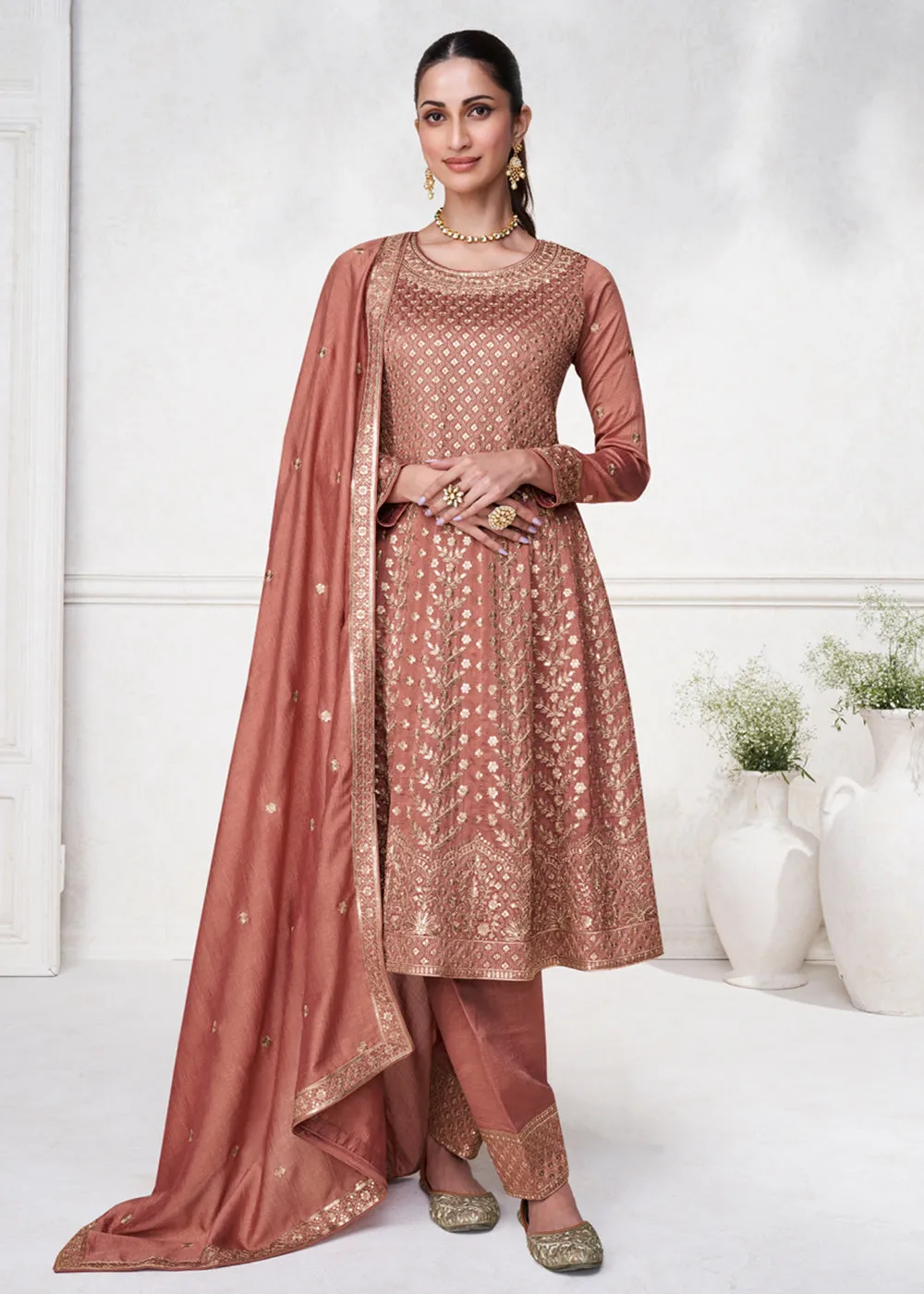 Tangy Brown Punjabi Style Silk Embroidered Salwar Suit