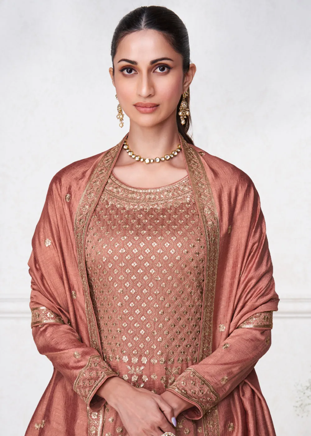 Tangy Brown Punjabi Style Silk Embroidered Salwar Suit