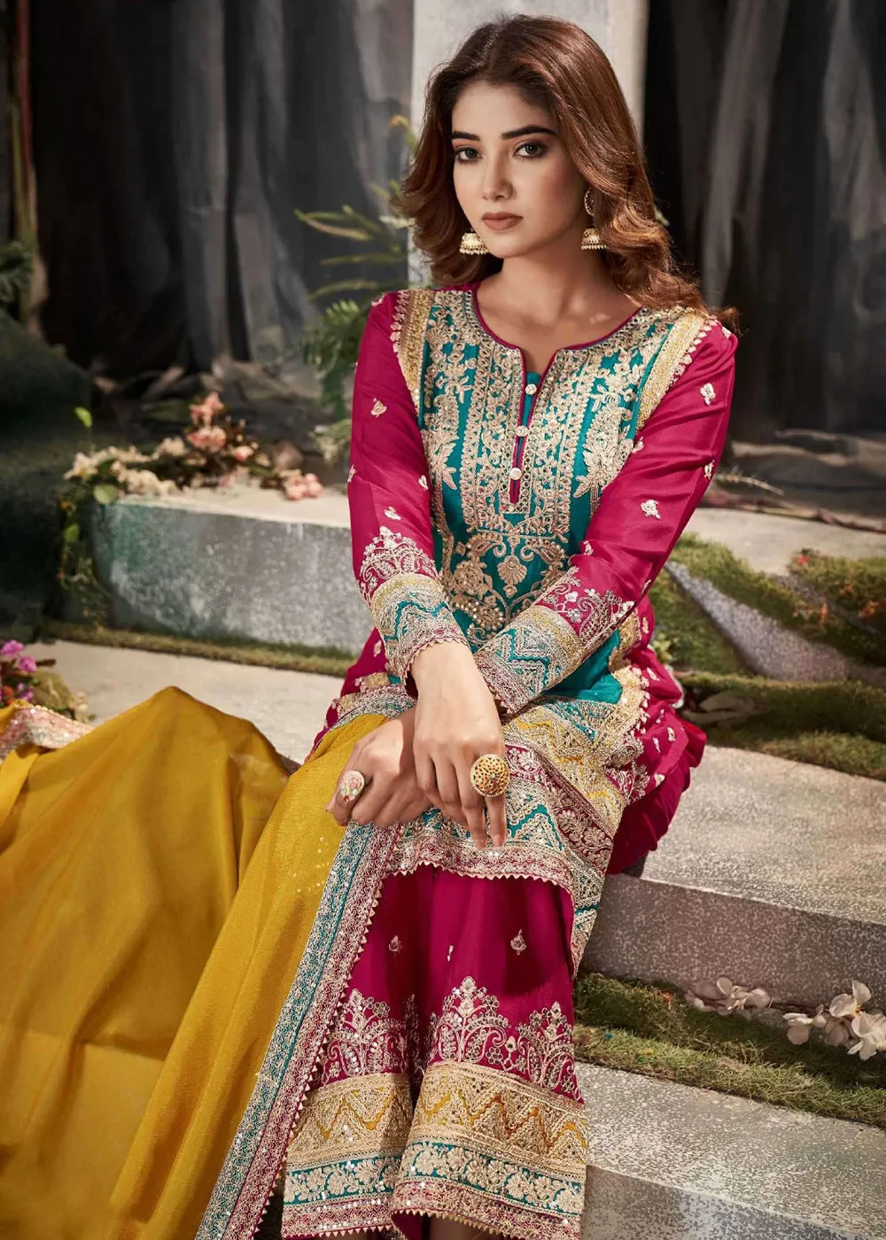 Teal Multicolor Mirror Embroidered Punjabi Style Palazzo Suit