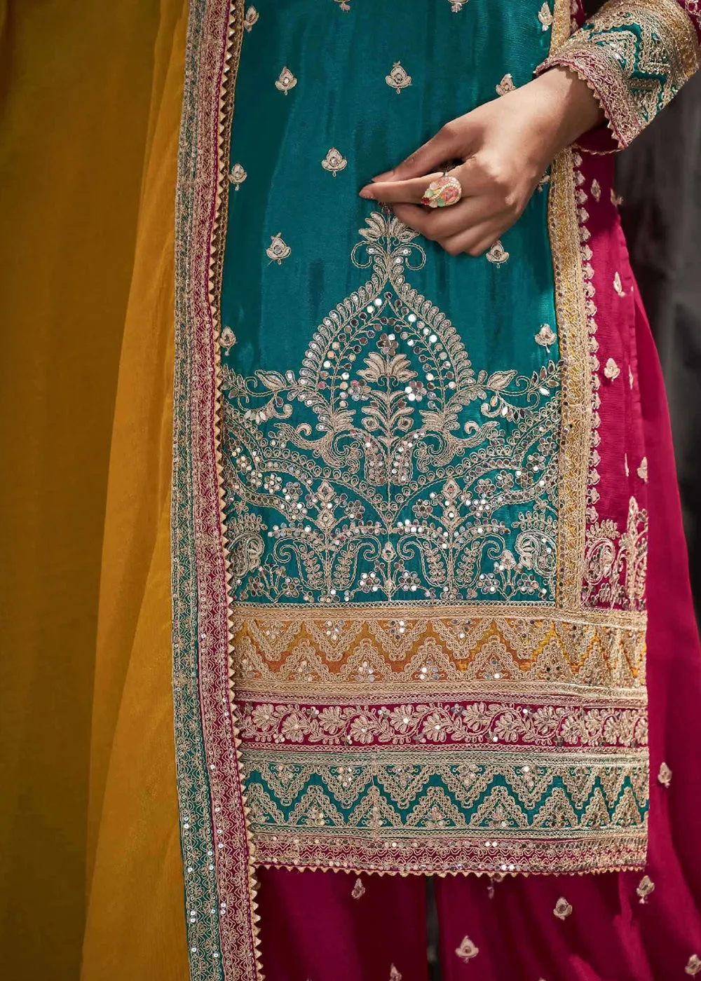 Teal Multicolor Mirror Embroidered Punjabi Style Palazzo Suit
