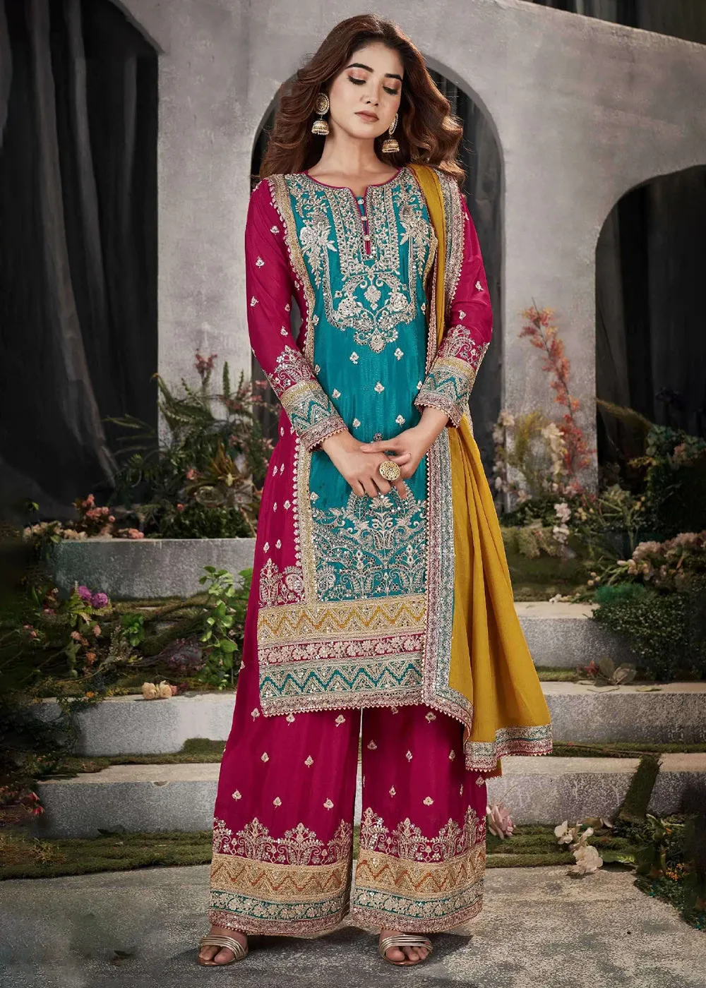 Teal Multicolor Mirror Embroidered Punjabi Style Palazzo Suit
