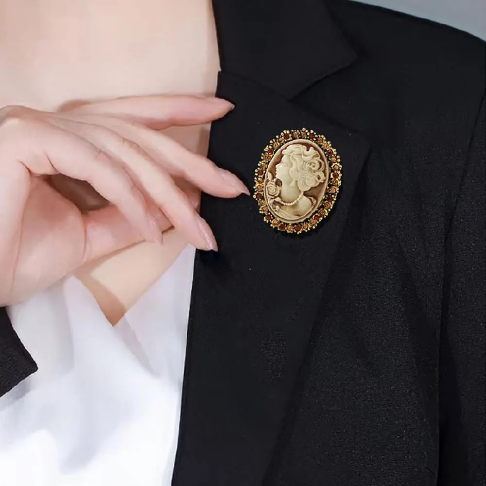 Vintage Style Cameo Victorian Lady Maiden Crystal Rhinestone Pin Brooch
