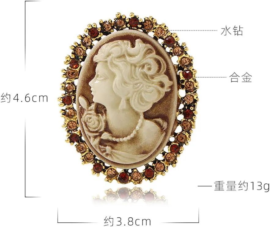 Vintage Style Cameo Victorian Lady Maiden Crystal Rhinestone Pin Brooch