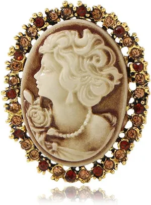 Vintage Style Cameo Victorian Lady Maiden Crystal Rhinestone Pin Brooch