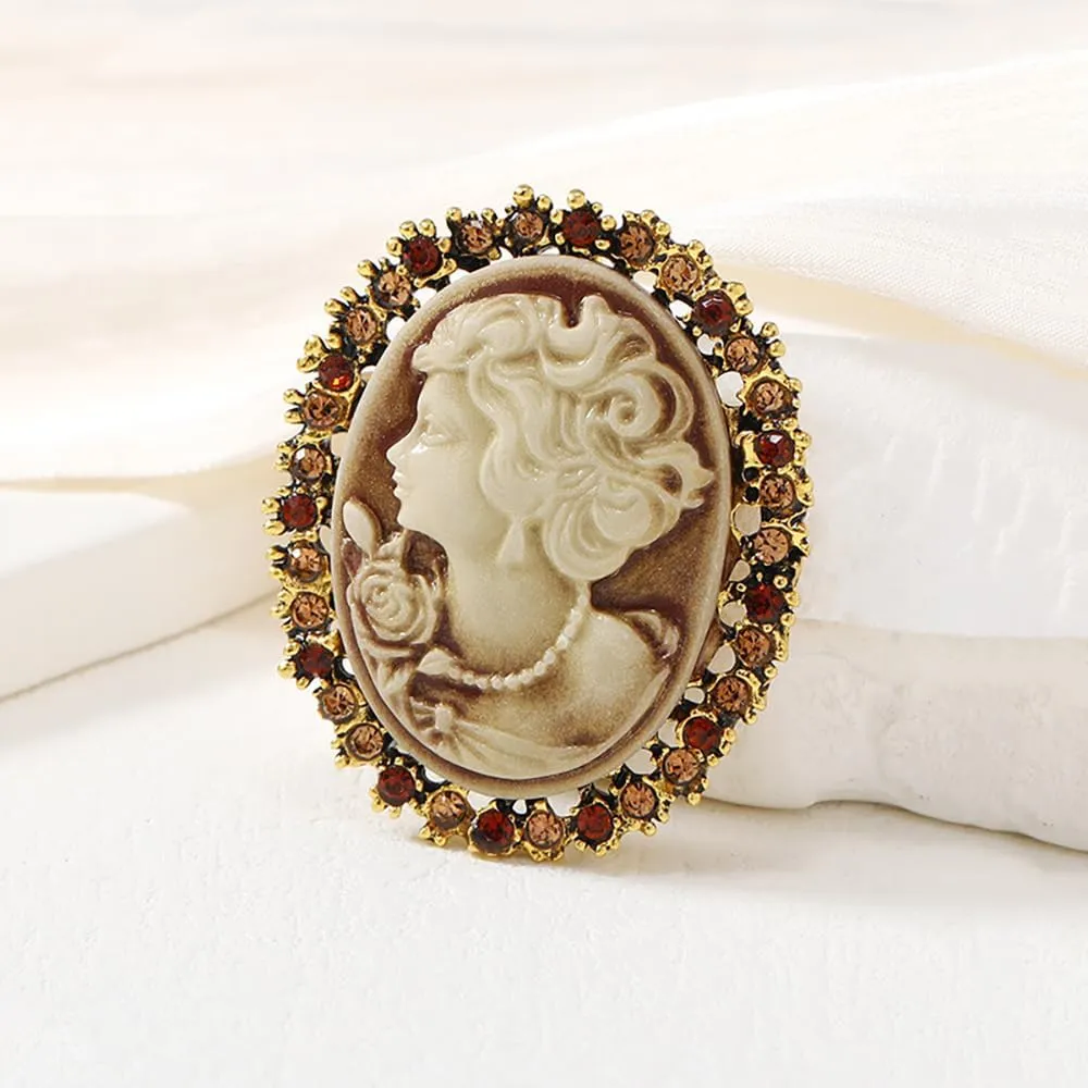 Vintage Style Cameo Victorian Lady Maiden Crystal Rhinestone Pin Brooch