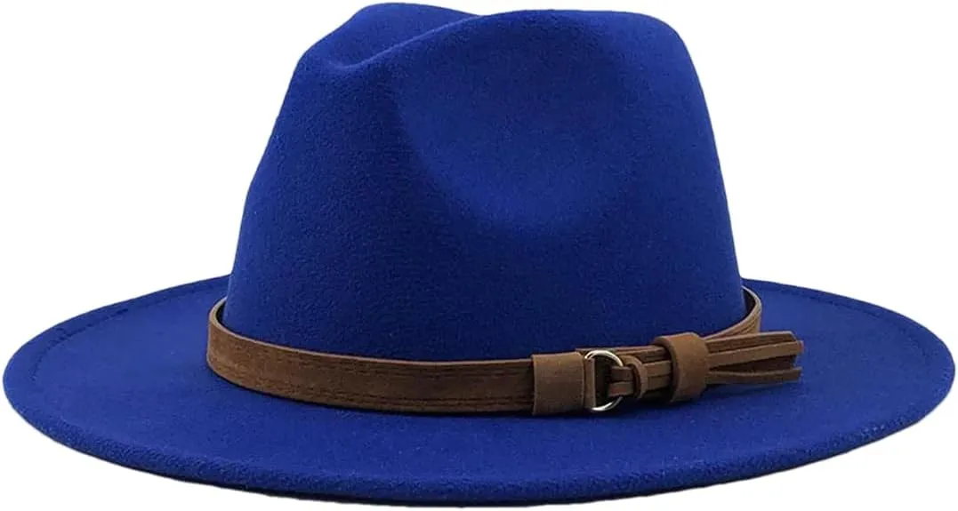 Women Men Fedora Hat with Leather Ribbon Gentleman Wide Brim Jazz Church Panama Sombrero Cap Blue Child 52-54CM